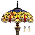 WERFACTORY Tiffany Floor Lamp Blue Yellow Dragonfly Stained Glass Standing Reading Light 16X16X64 Inches Antique Pole Corner Lamp Decor Bedroom Living Room Home Office S168 Series