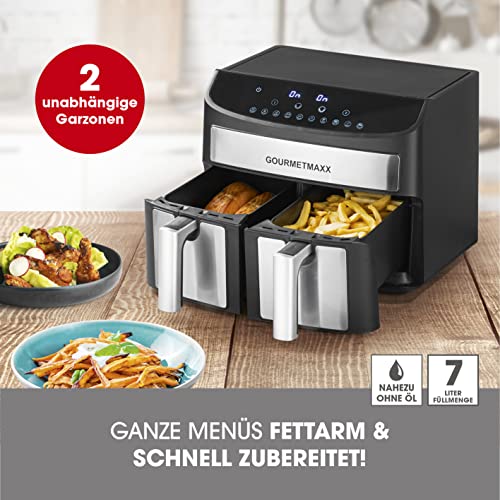 GOURMETmaxx Doppelkammer-Heißluftfritteuse 2x 3,5L - Edelstahl | Airfryer mit Synchro-Garzonen, Timerfunktion & Touchdisplay | energiesparend frittieren | 10 Programme | 2400 Watt – Bild 3