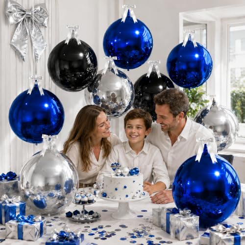 Image of 9 Pcs Black Blue Silver Round Foil Balloons Black Royal Navy Blue Metallic Silver Chrome 4D Ball Balloons 22 In Orbz Mylar Balloon for Graduation Grad Birthday Anniversary Party Decorations