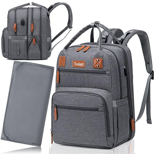 Image of Tealari Extra Large Diaper Bag Backpack, 35L Expandable Twin Diaper Bag For 2 Kids, Unisex Baby Diaper Backpack, Changing Pad (Dark grey)