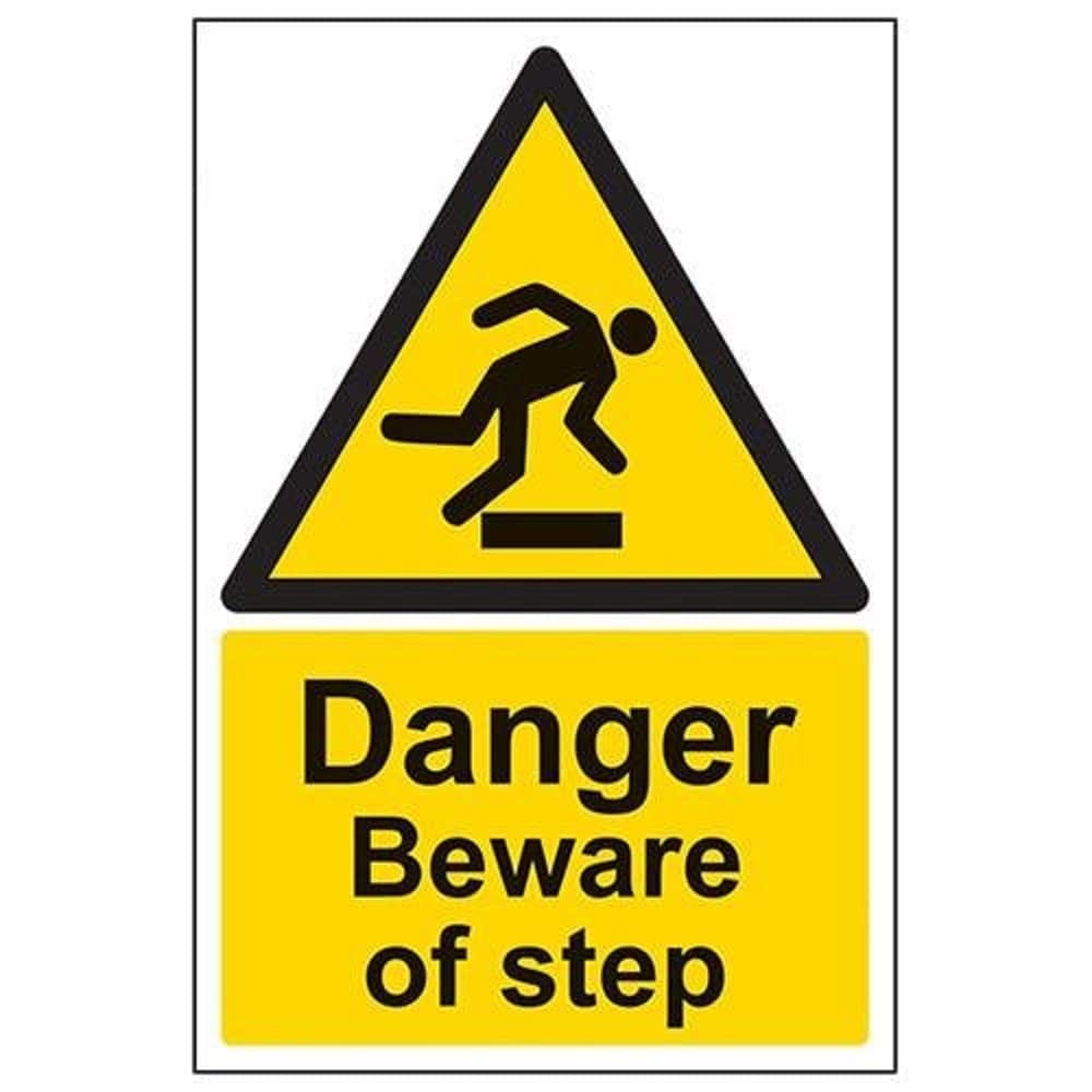 V Safety Danger Beware Of Step Warning Sign - 200mm x 300mm - 2mm Rigid Plastic