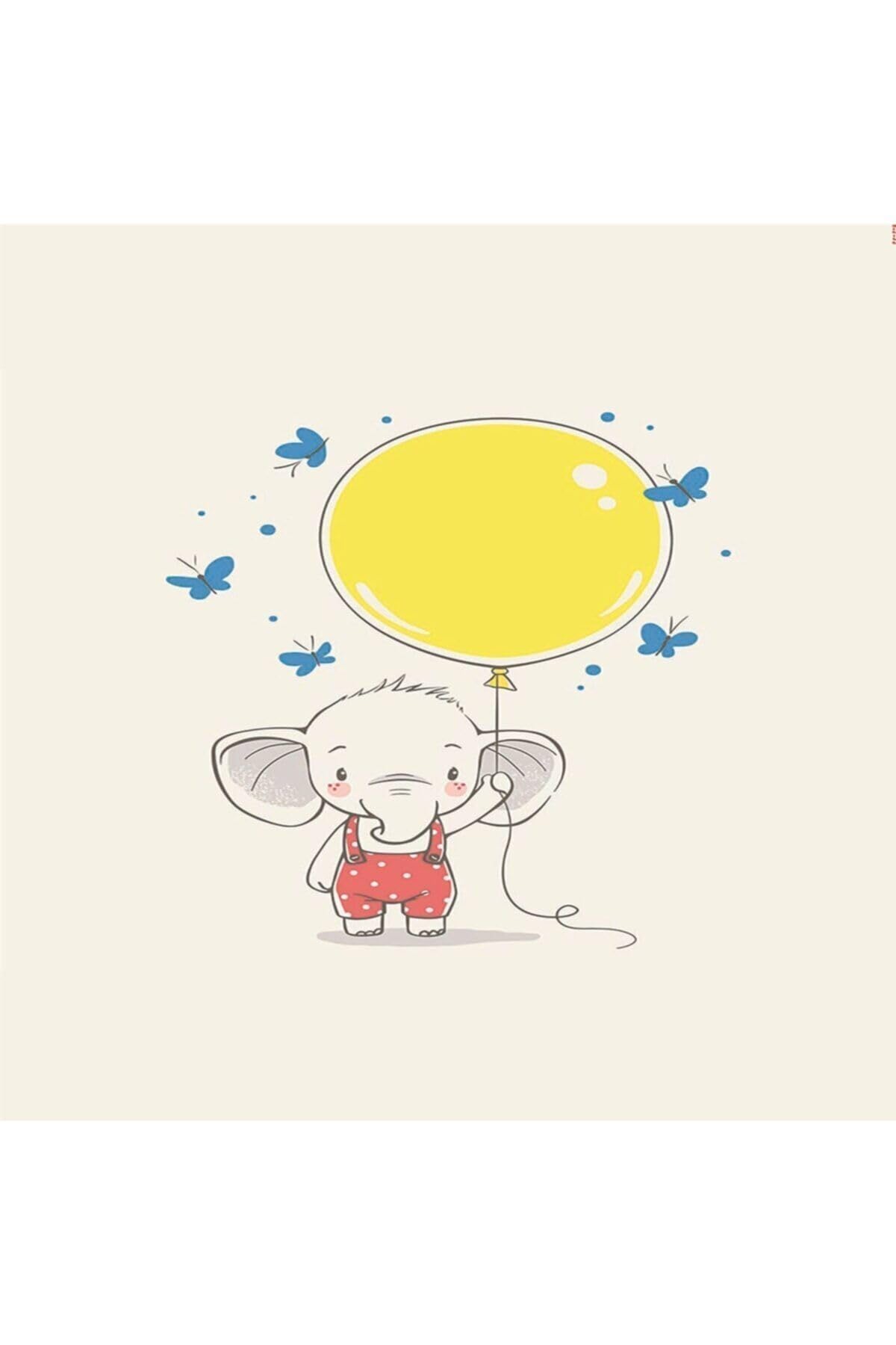 Pelangi Filli Balonlu Kelebekli Dijital Baskı Yıkanabilir Kaymaz Taban Fil Desenli Bebek Odası Halısı, Beyaz 160 x 250