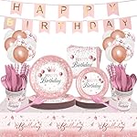 212Pcs Pink Rose Gold Plates Napkins Birthday Party Supplies Disposable Birthday Dinnerware Set,Girls Birthdays Party Plates Pink Sets With Banners Cups Forks knives Spoons Tablecloth Balloon Serve 24