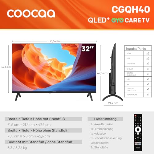 coocaa 32 Zoll Smart TV, 80cm, QLED Fernseher mit Google TV, HDR10, HLG, Dolby Audio, EyeCare, Triple Tuner DVB-T/-T2/-C/-S/-S2 CI+… – Ansicht 5