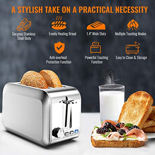 Toaster 2 Slice Best Rated Prime Bread Stainless 2 Slice Toaster Wide Slot with Bagel Function & Removable Crumb Tray