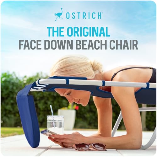 Image of Ostrich Beach Lounge Chair, Folding & Reclining Outdoor Chaise Lounger, Blue /White Striped - Portable Adjustable Recliner Chair for Lawn, Pool, Patio, Garden, and Yard
