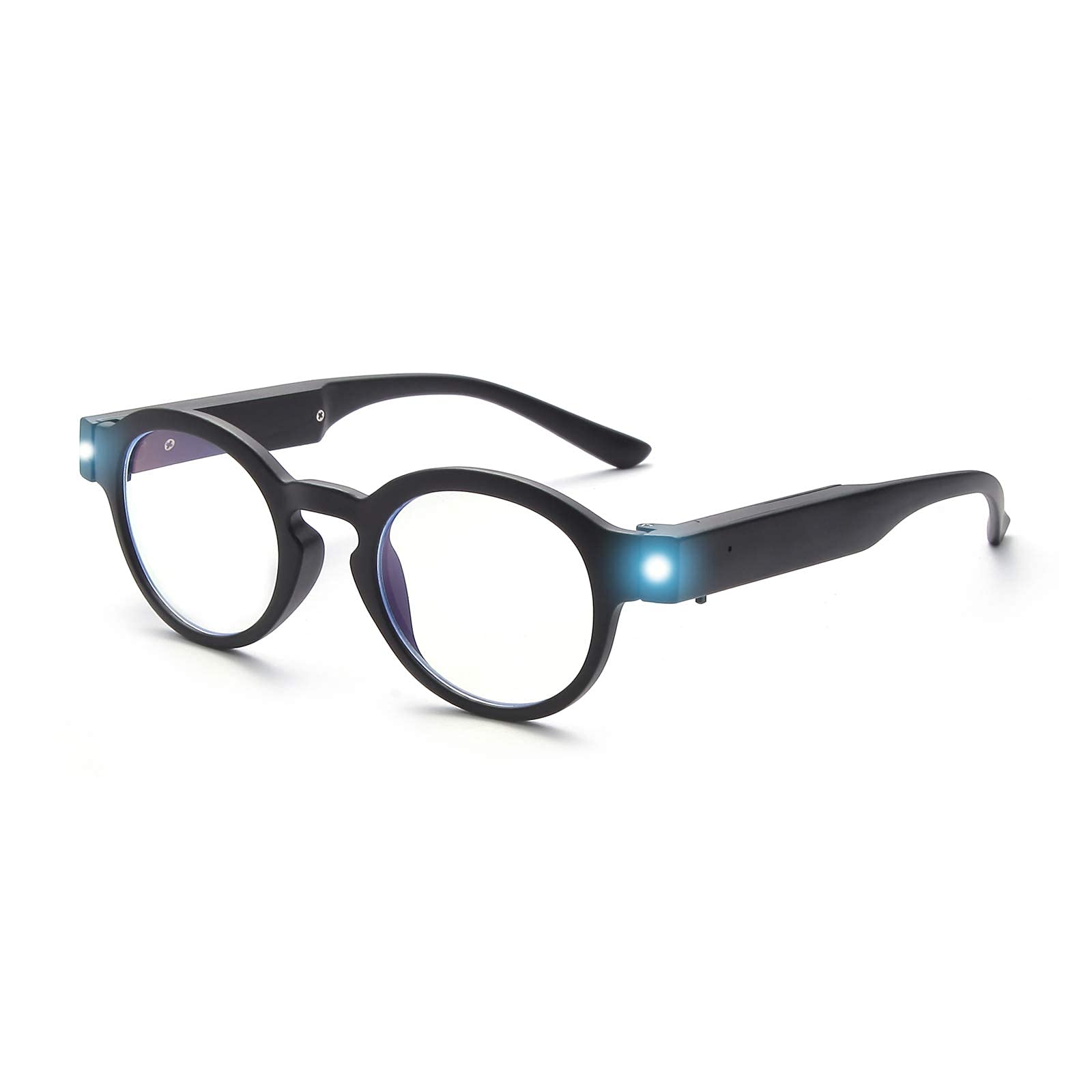 SKYWAY Lesebrille mit LED-Licht, Runde Lesebrille, Blaulicht Schutzbrille Spielbrille mit USB Wiederaufladbare fur Frauen Männer, Blendschutz UV-Schutz, Schwarz