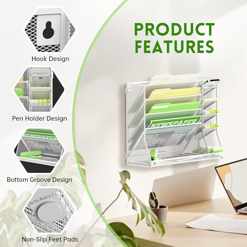 SUPEASY Wall File Organizer, 5-Tier Desk Organizer with 4 Pen Holders, Wall Organizer for Office with R-shaped Bottom Tray, Desk Organizers and Accessories for Office Supplies, Whi image 5