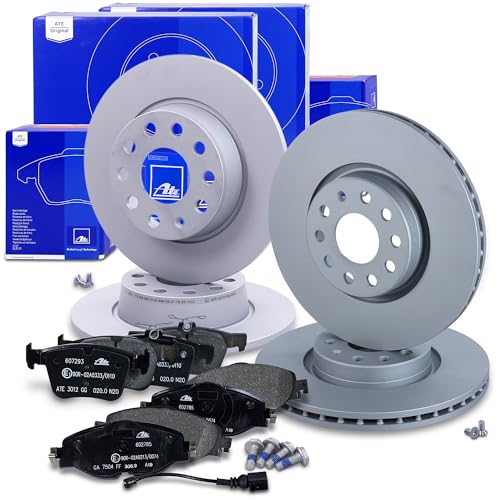 ATE Bremsenset inkl. Bremsscheiben vorne + hinten und Bremsbeläge vorne + hinten Kompatibel mit AUDI A3 Q2 TT SEAT ATECA LEON SKODA KAROQ VW GOLF 7 TOURAN T-ROC