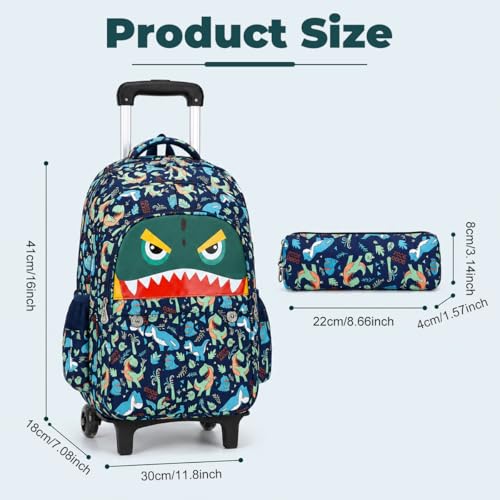 Image of PALAY Trolley School Bag Multi-colored Cartoon Dino Wheeled Bookbag with Pencil Bag Outdoor Waterproof 2-Wheel Backpack Multi-Compartments Polyester School Bag with Wheels