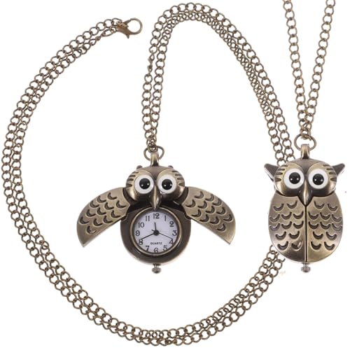 Reloj de bolsillo de aleación con colgante de búho y cadena vintage de bronce de 2 piezas