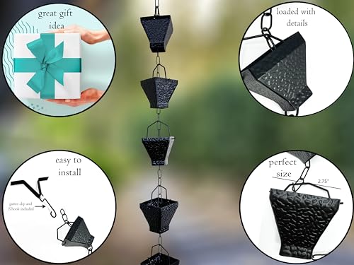 Rain Chains, Roof Gutter Downspout/Spout Channel, Rainwater Water Catcher/Diverter, 8.5 feet Length, Metal, Black Powder Coated, Textured Square Cups with Chain, Modern, 5517BLK-CH - Image 6