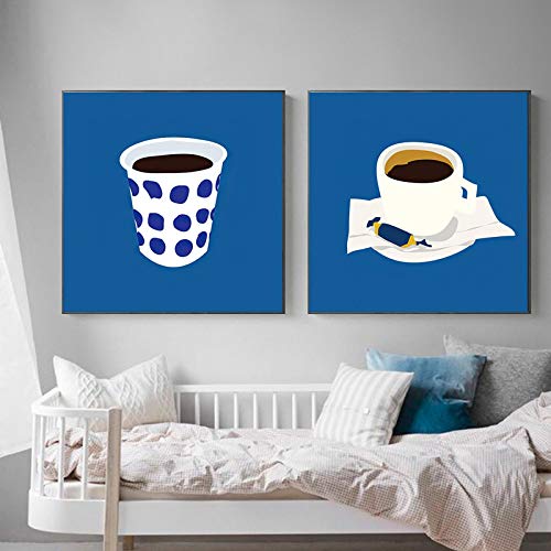 Art Toile Nordique Café affiche murale moderne tableau bleu et blanc géométrique 80x80