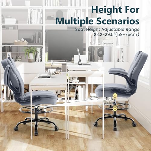Image of Drafting Chair 500Lbs, Tall Office Chair for Standing Desk, High PU Leather Executive Office Chair with Flip-up Armrests, Ergonomic High Chair with Adjustable Foot Ring, Comfy Stool Chairs, Grey
