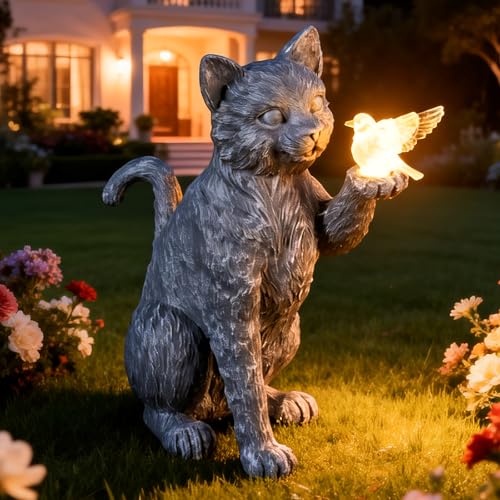Autumnswan Solar Cat Garden Outdoor Statues Cat Sculpture with Glowing Bird Light Lawn Decoration 10 Inches Tall for Patio Balcony Garden Yard Birthday Gift for Mom Grandma and Women