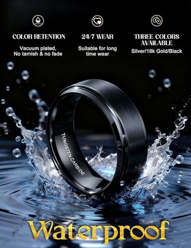 Tungary 8mm Wedding Rings for Men Brushed Matte Tungsten Carbide Wedding Bands Black Silver 18K Gold Plated Engagement Promise Men Ring Size 6-14 - Image 5