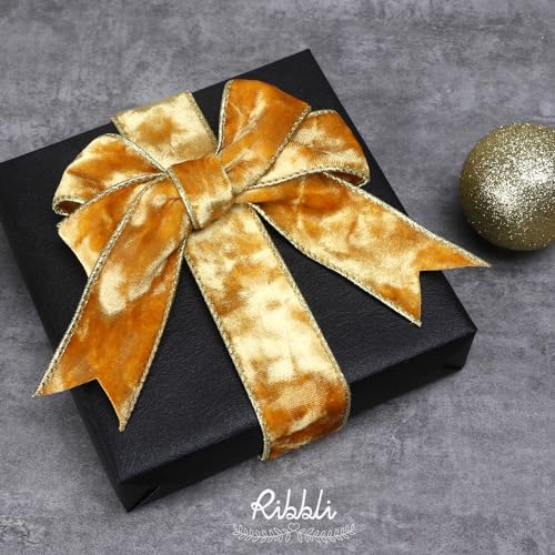 Image of Ribbli Gold Velvet Wired Ribbon 1.5 Inch Metallic Gold Crushed Velvet Christmas Ribbon for Gift Wrapping Christmas Tree Decoration Crafts Wreaths Supplies-Continuous 10 Yards