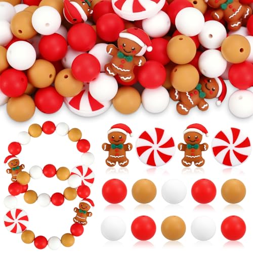 FYSUIMU Christmas Silicone Beads Gingerbread Man Peppermint Candy Round Rubber Loose Beads Christmas Red White Bead for Bracelet Necklace Jewelry Garland Party DIY Crafts Making 70 Pcs