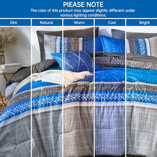 Image of Dintszyayue Blue Queen Comforter Size Set, 8 Pieces Boho Striped Texture Bed in a Bag Sets, Lightweight Soft Bohemian Comforter and Sheet Set, All Season Microfiber Bedding Sets for Men Women