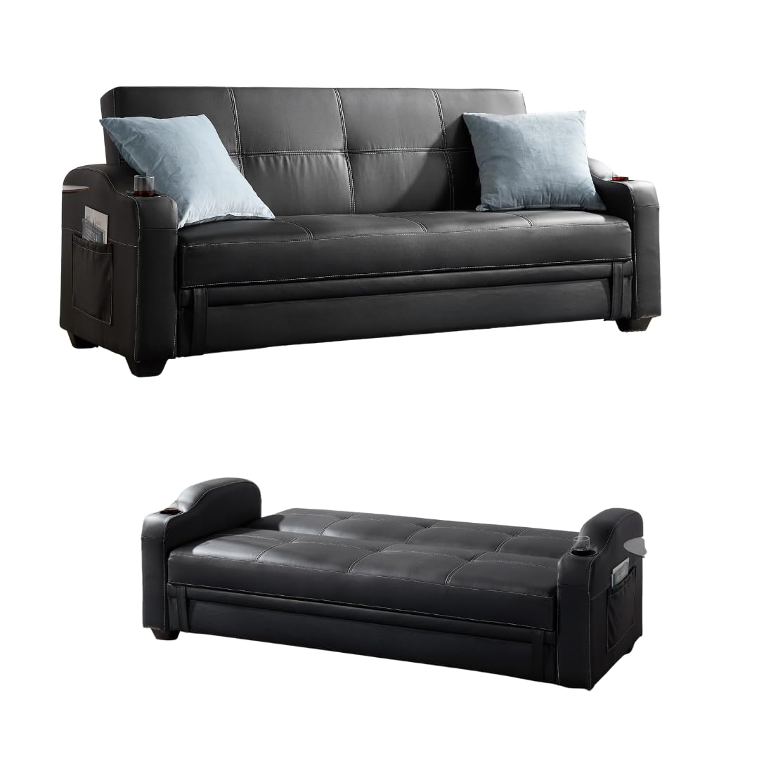 Home Detail Nebraska Faux Leather Sofa Bed, Sofa Bed with Storage, Cupholders & Pockets Black Faux Leather Clic Clac SofaBed Settee