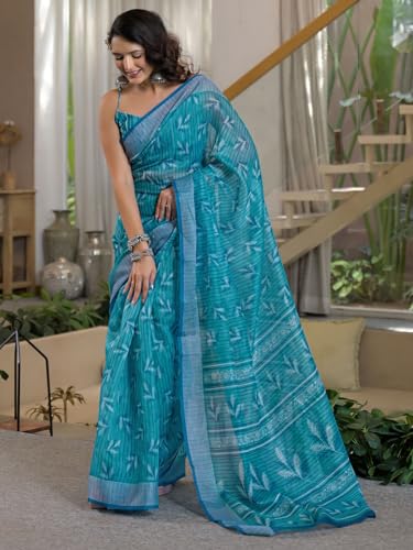 Image of Satrani Women's Linen Printed & Embroidery Ready To Wear Saree with Unstitched Blouse Piece