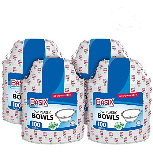 Basix [400 Count] Disposable 5 Oz White Plastic Dessert Bowls, Microwavable, Great For School, Take Out, Events, Home, Office, Wedding, Parties, Or Everyday Use, 4 Packs