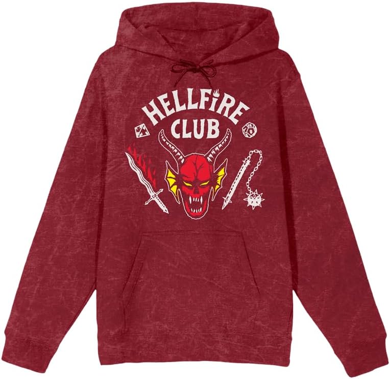 Bioworld Stranger Things Hellfire Club Men's Red Mineral Wash Long Sleeve Hooded Sweatshirt