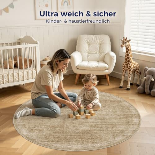 DMOYEST Vintage Teppich Rund 150 cm Braun Waschbar – Ansicht 6