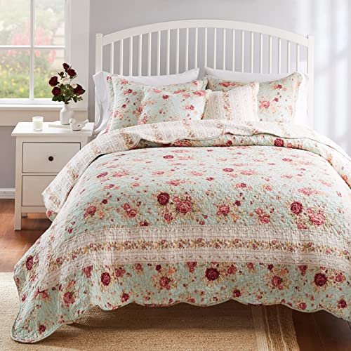 Greenland Home Antique Rose 100% Cotton Heirloom-Quality Quilt Set, 5-Piece Full/Queen, Blue