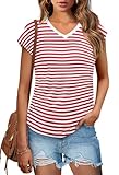 WIHOLL Womens Shirts Casual Cap Sleeve T Shirts for Women V Neck Red and White Striped Shirt Women XL