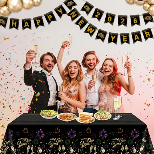 Image of Childom 2 Pack Happy New Year Tablecloths,Happy New Years Decorations 2026,Disposable Rectangular Tablecloths Plastic 54 inchx108 inch,Black and Gold Table Cloth for Home Dining Outdoor Holiday Party Supplies