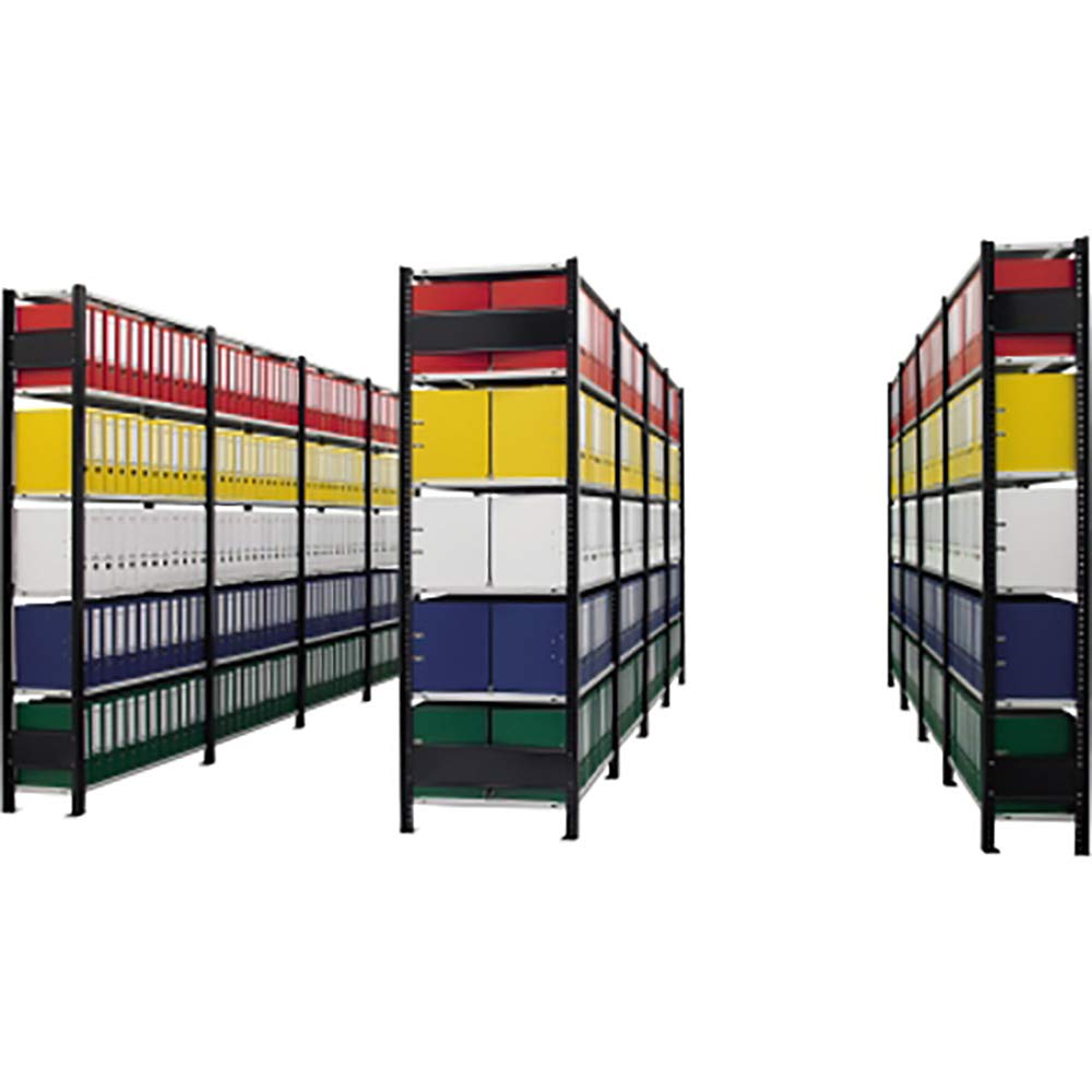SCHULTE Lagertechnik Grundregal, Büro-Fachbodenregal Stecksystem MULTIplus150, 2000 x 1000 x 600 mm (HxBxT), 6 Fachböden, Längenriegel, schwarz/RAL 7035 lichtgrau, mit Mittelanschlag