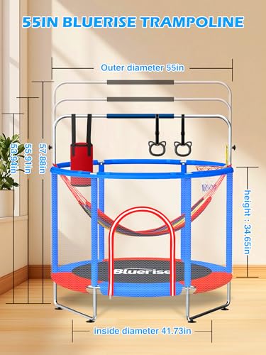 Image of BLUERISE 55IN 6FT Indoor /Outdoor Toddler Trampoline for Kids | Galvanized Steel Pipe,Multiple Activity Accessories,110lb,Safety Enclosure,Basketball Hoop,No-Gap Design,Anti-Rollover Bottom