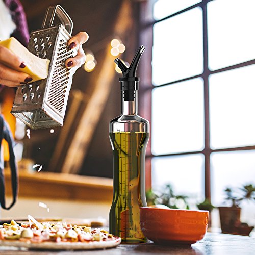 Vremi 17 oz Olive Oil and Vinegar Dispenser Set - Clear Glass Cruet Bottles for Cooking with No Drip Double Pourer Spout Stoppers and Stainless Steel Holder Stand - Kitchen Dispensing Cruets - Black