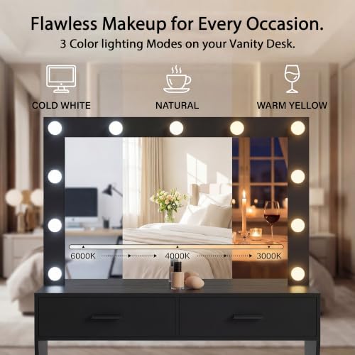 Image of YESHOMY Vanity Desk with Lighted Mirror,11 Lights,2 Drawers Makeup Table