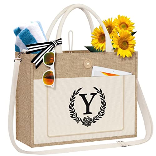 Topeast Jute Beach Tote Bag For Women Birthday Gifts For Mom Initial Tote Bag With Canvas Front Pocket And Strap Teacher Appreciation Gifts Retirement Gifts Bridal Shower Gift Bridesmaid Gift Letter Y #TOP5