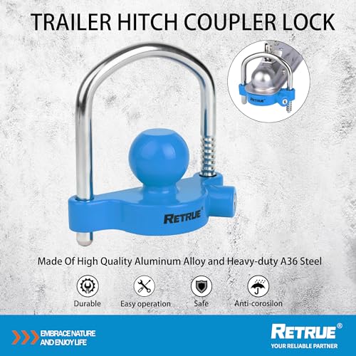 Image of RETRUE Universal Coupler Lock Trailer Locks Ball Hitch Trailer Hitch Lock Adjustable Security Heavy-Duty Steel Fits 1-7 /8 Inch, 2 Inch, 2-5 /16 Inch Couplers, Baby Blue