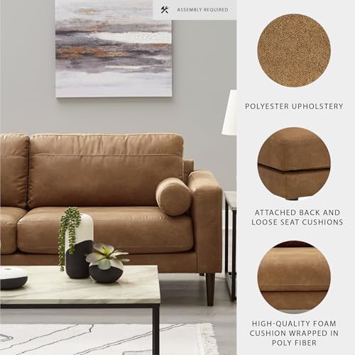 Image of Signature Design by Ashley Telora Faux Leather 3 Seater Sofa Couch, Caramel | Medium plush fiber-wrapped foam seating, Track arms, Loose back cushions, Mid-century modern style