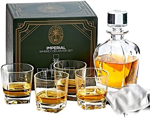 Whiskey Decanter Set with Glasses Regal Trunk & Co, 4 Imperial Tumblers Whisky Decanter & Glass Set, Crystal Decanter Set Bourbon and Scotch, Comes In Gift Box and with Alcohol Glass Polishing Cloth