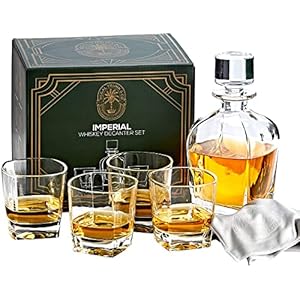 Whiskey Decanter Set with Glasses Regal Trunk & Co., 4 Imperial Tumblers Whisky Decanter & Glass Set, Crystal Decanter Set Bourbon and Scotch, Comes In Gift Box and with Alcohol Glass Polishing Cloth