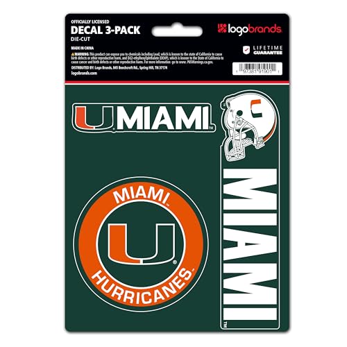 Miami Hurricanes NCAA Team Logo Vinyl Stickers–Officially Licensed University of Miami 3 Pack Heavy Duty Decals for Indoor or Outdoor–Use for Laptops, Coolers & Notebooks–Show Your Cane Pride
