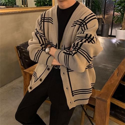 Mens Vintage Striped Knitted Sweaters V-Neck Long Sleeve Button Cardigans Loose Lazy Plaid Open Sweater2
