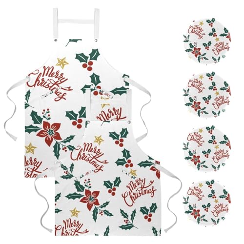 Tablier de cuisine avec 4 broches et motif feuilles baies multicolore