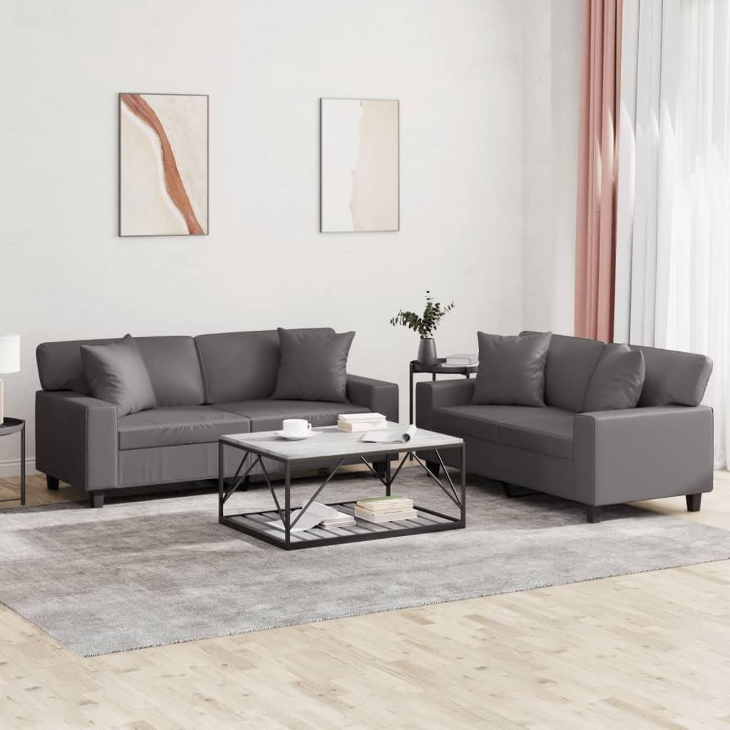 Juego de 2 sofás de piel sintética gris, 154 x 77 x 80 cm, sofá pequeño con cojines gruesos, diseño moderno, marco de madera contrachapada de acero resistente para salón, comedor, pasillo