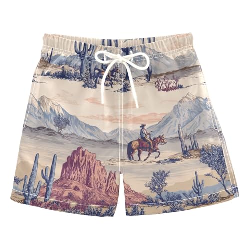 Aflyko Boys Board Shorts Cowboy Desert Landscape Fun Fashion Youth Swim Shorts, Relaxed Fit for Beach Holidays and Pool Parties, X-Large Multicolor