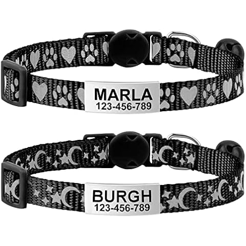 TagME 2 Pack Personalised Kitten Collar, Cat Collars Quick Release With Name Tag, Reflective Cat Collar With Bell, for Kitty, Black Cover