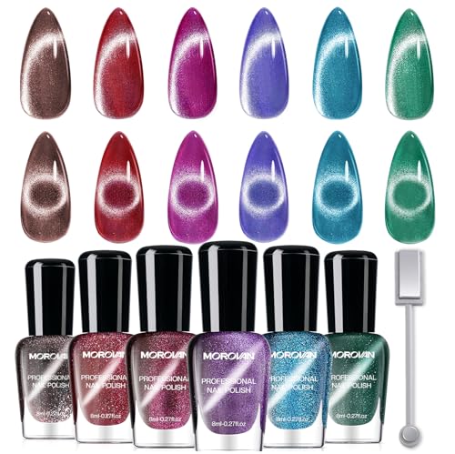 Morovan Magnetic Nail Polish SetCat Eye Glitter Red Green Purple Blue Nail Polish Kit Shimmer Quick Dry Nail Kit Bulk for Women Nail Art Manicure Salon Gift Holiday Party
