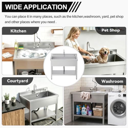 Image of 39 inch Stainless Steel Utility Sink, Deep Single Bowl Laundry Sink | Freestanding Garage Sink with Hot and Cold Water Supply for Laundry Room, Workshop, Farmhouse, Basement and Utility Use