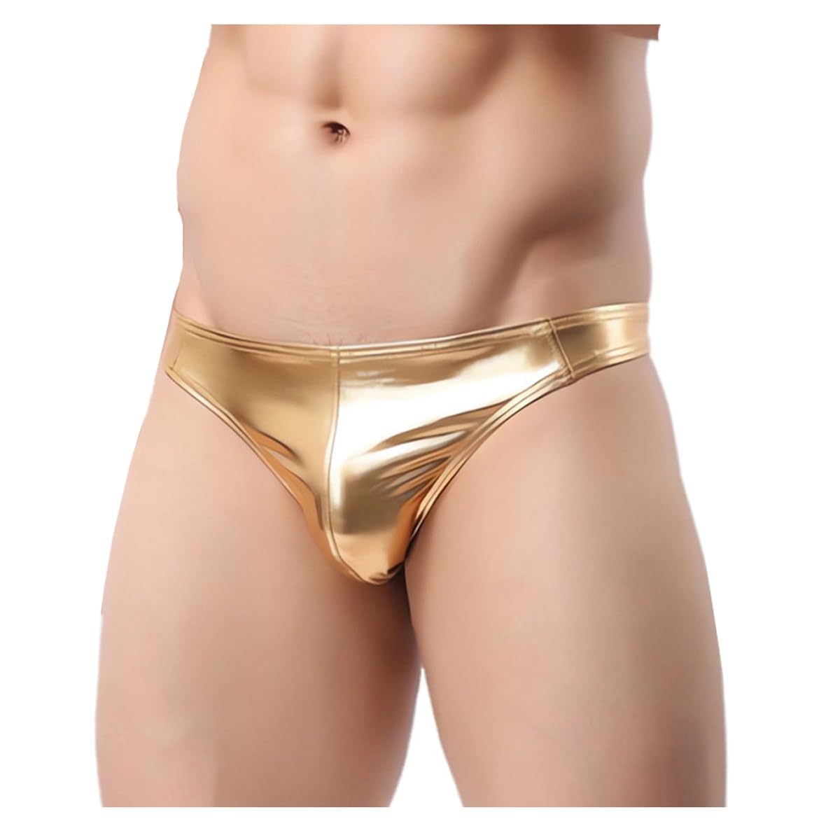 Samheng Men's Gold Sparkly Liquid Metallic Low Rise T-Back Thong, Sexy Bulge Pouch G String Jockstrap For Clubwear & Dancewear Rave Party