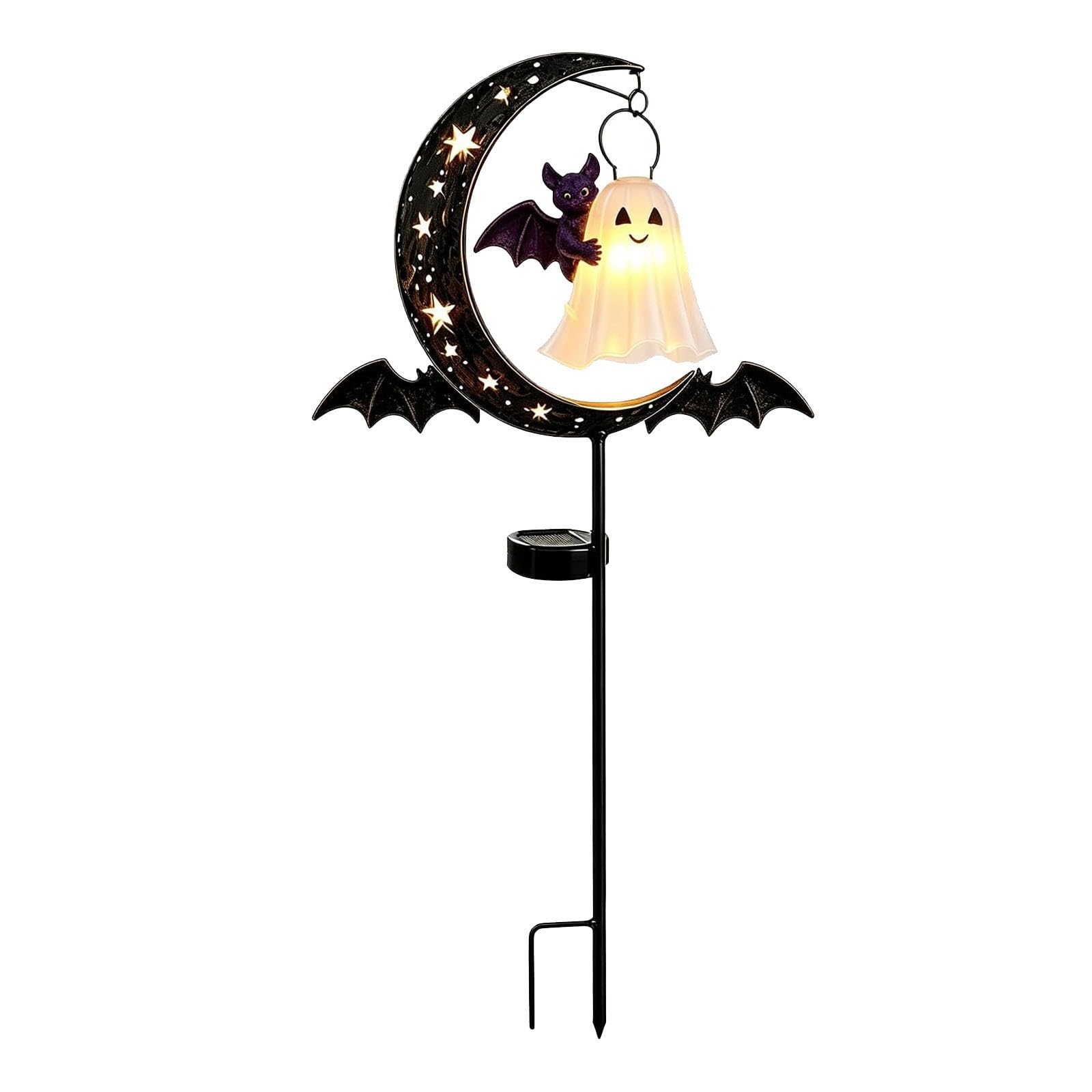 Solar Halloween Black Cat Garden Stake Light, Metal Crescent Moon & Pumpkin Lantern Yard Decor, Auto On/Off Waterproof LED Landscape Lighting for Patio Lawn Pathway